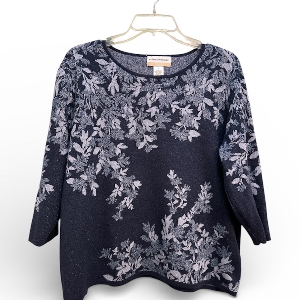 Alfred Dunner Navy Floral Knit Sweater Women’s 1X 3/4 Sleeves Metallic